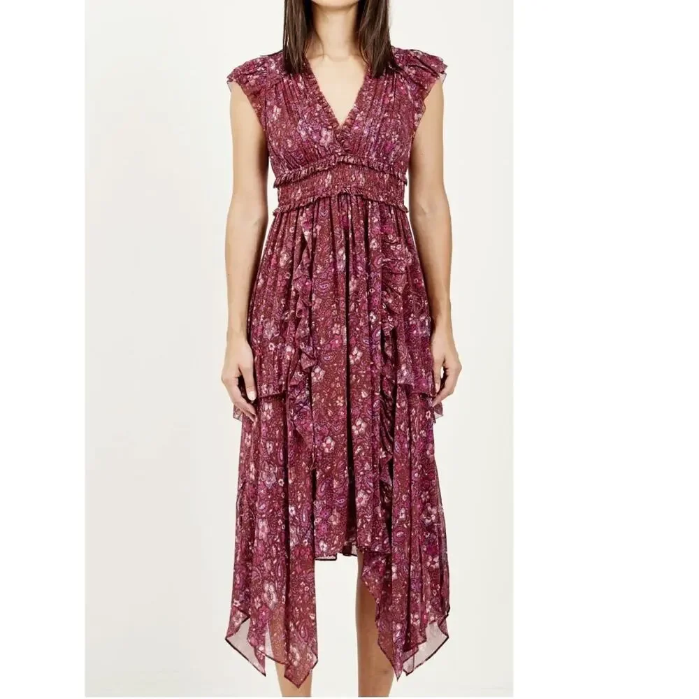 ulla asym midi dress Ulla Johnson Asymmetric Midi Dress Aurelie Bordeaux Silk-Blend Fil Coupe  Size 6